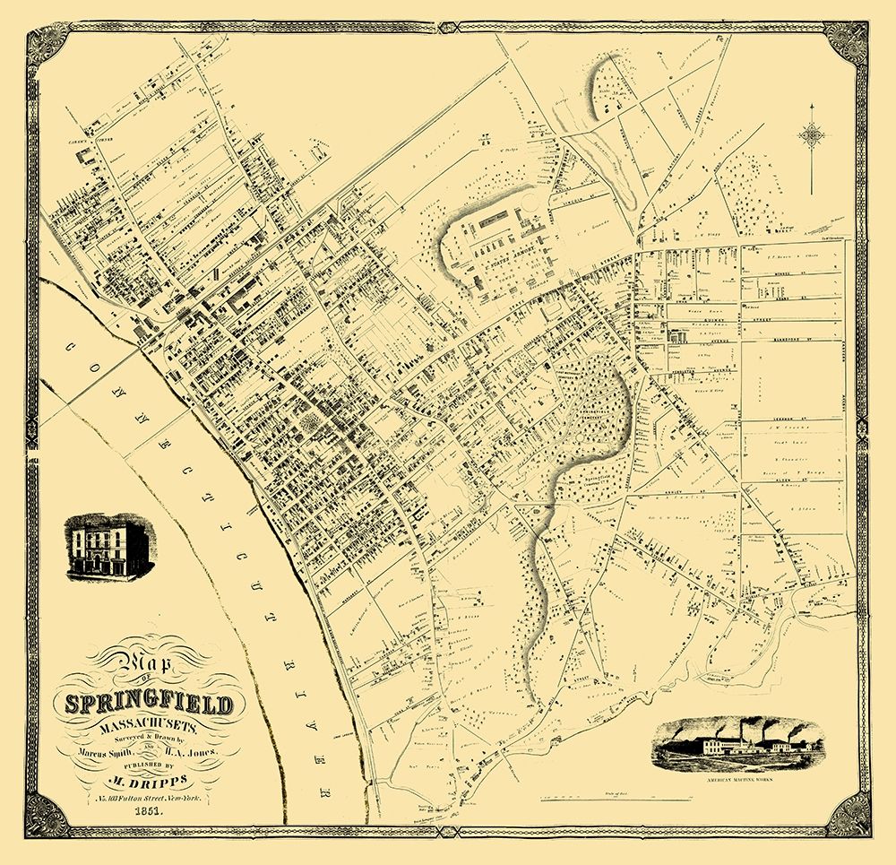 Springfield Massachusetts Landowner - Dripps 1851 art print by Dripps for $57.95 CAD