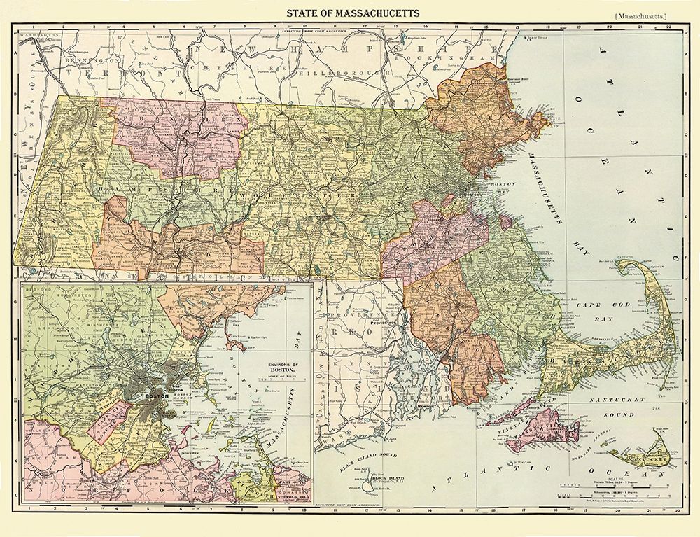 Massachusetts - Rand McNally 1890 art print by Rand McNally for $57.95 CAD