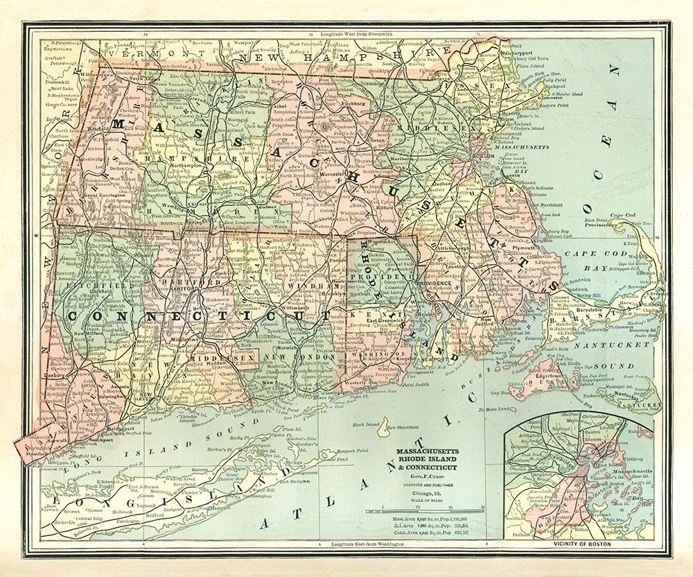 Massachusetts, Connecticut, Rhode Island art print by Cram for $57.95 CAD