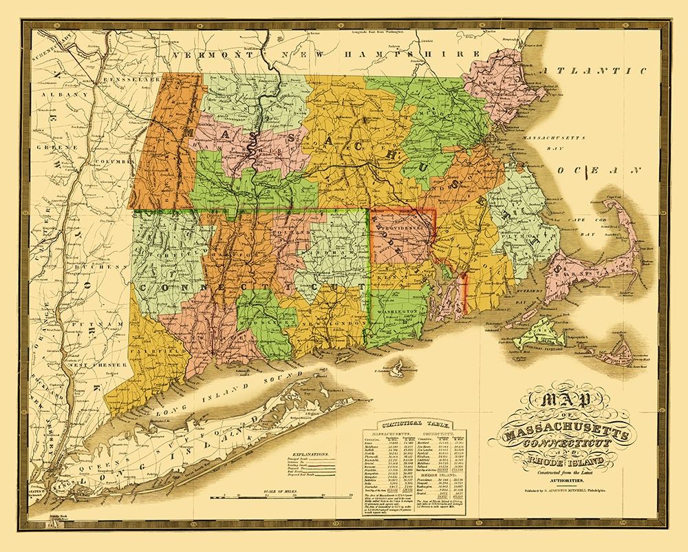 Massachusetts, Connecticut, Rhode Island 1831 art print by Mitchell for $57.95 CAD