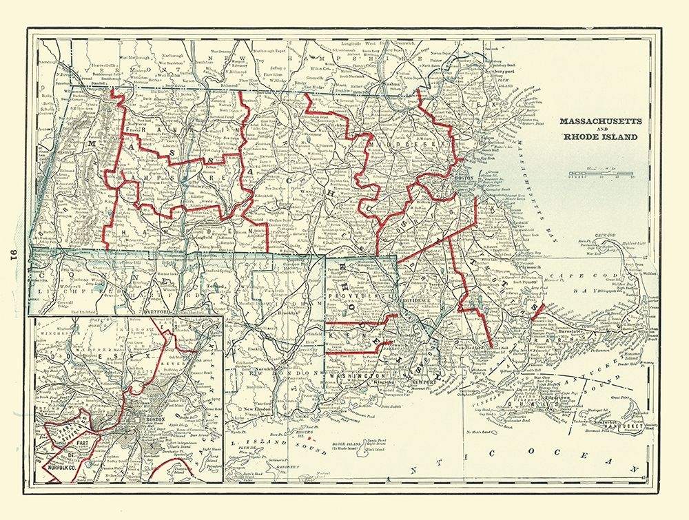 Massachusetts, Rhode Island - Rathbun 1893 art print by Rathbun for $57.95 CAD