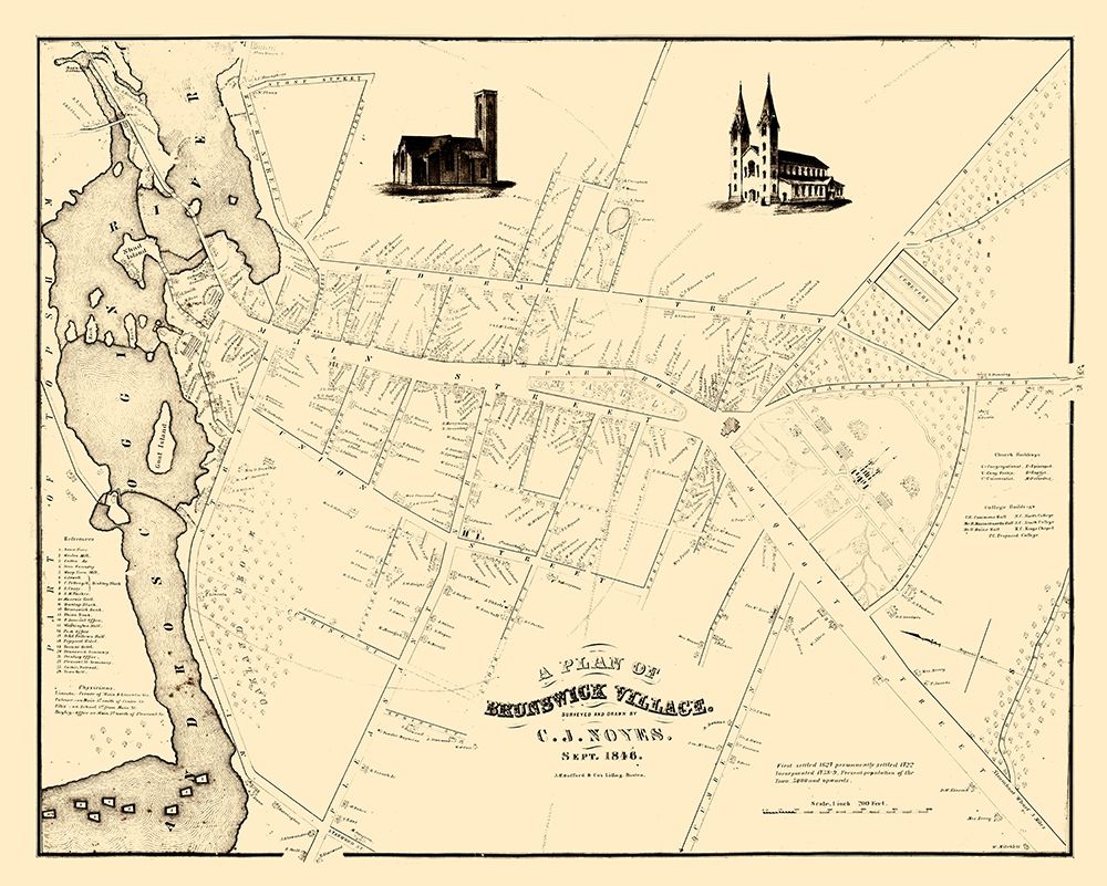 Brunswick Maine - Noyes 1846 art print by Noyes for $57.95 CAD