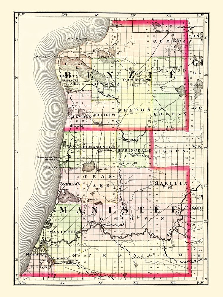 Benzie  Manistee Michigan - Walling 1873 art print by Walling for $57.95 CAD