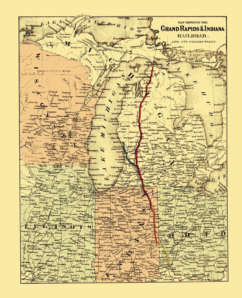 Grand Rapids and Indiana Railroad - Colton 1871 art print by Colton for $57.95 CAD