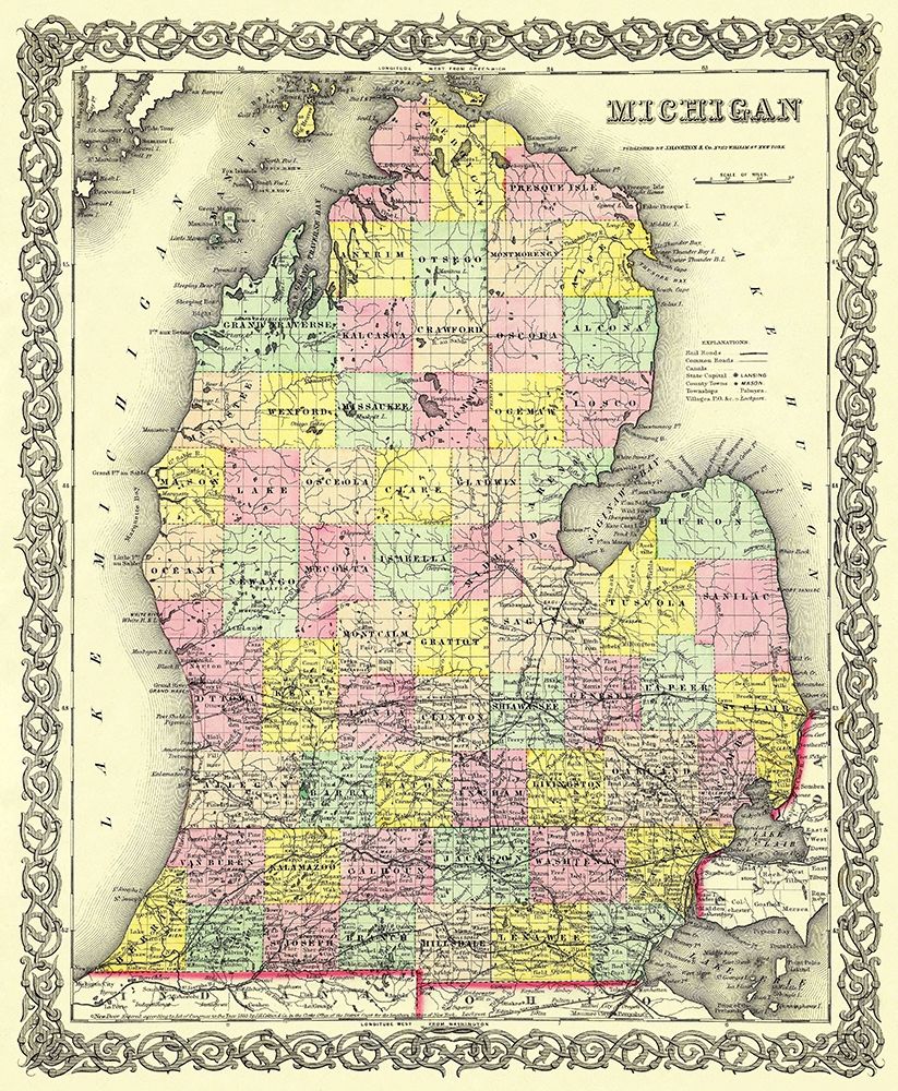 Michigan Lower Peninsula - Colton 1855 art print by Colton for $57.95 CAD