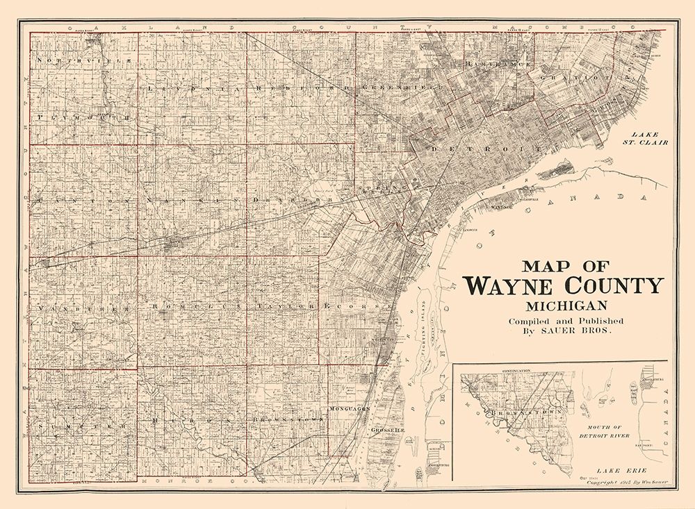 Wayne County Michigan - Sauer 1915 art print by Sauer for $57.95 CAD