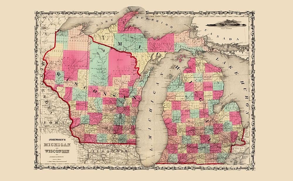 Michigan, Wisconsin - Johnson 1860 art print by Johnson for $57.95 CAD
