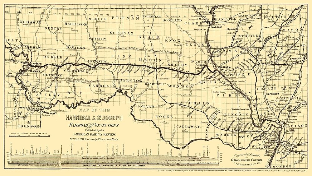 Hannibal St Joseph Missouri Railroad - Colton 1860 art print by Colton for $57.95 CAD