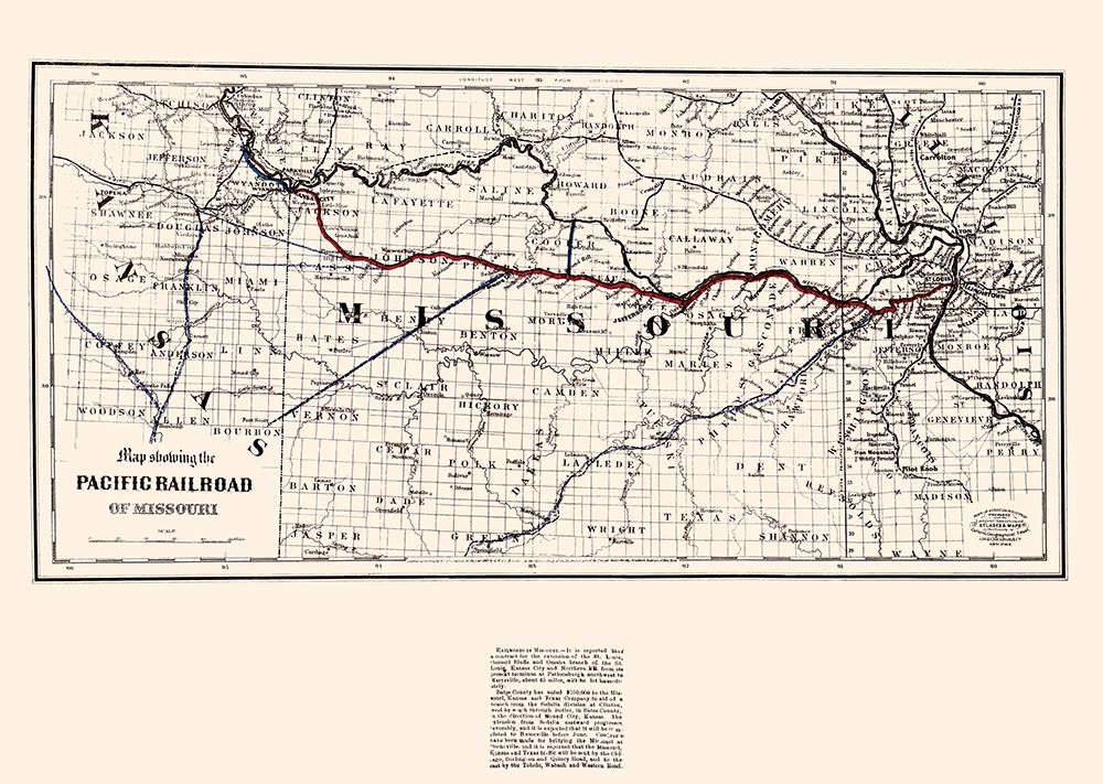 Pacific Railroad of Missouri - Colton 1865 art print by Colton for $57.95 CAD