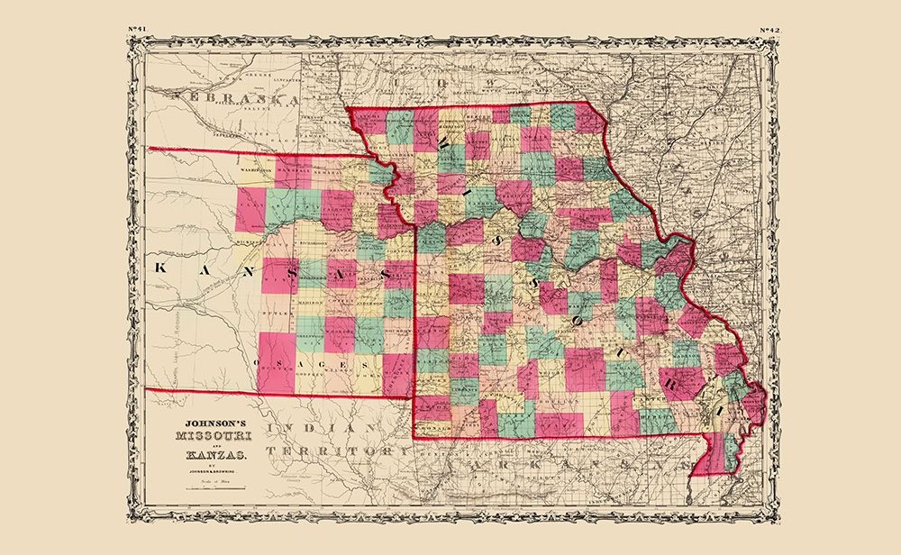 Missouri, Kansas - Johnson 1860 art print by Johnson for $57.95 CAD