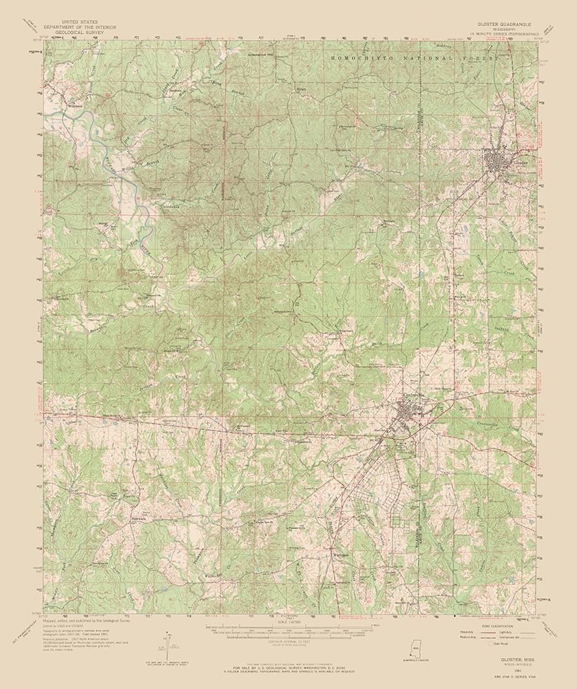 Gloster Mississippi Quad - USGS 1961 art print by USGS for $57.95 CAD