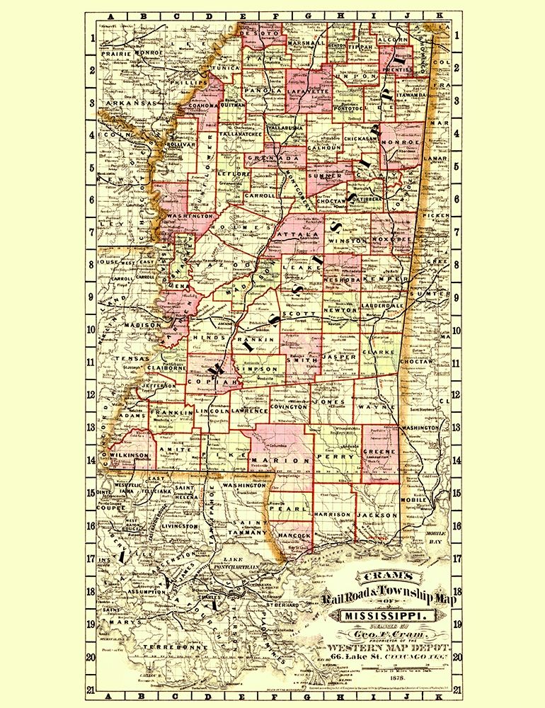 Mississippi Railroad and Townships - Cram 1878 art print by Cram for $57.95 CAD