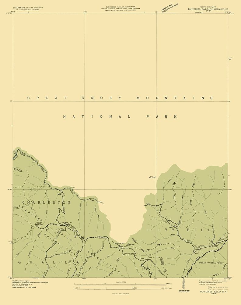Bunches Bald North Carolina Quad - USGS 1935 art print by USGS for $57.95 CAD