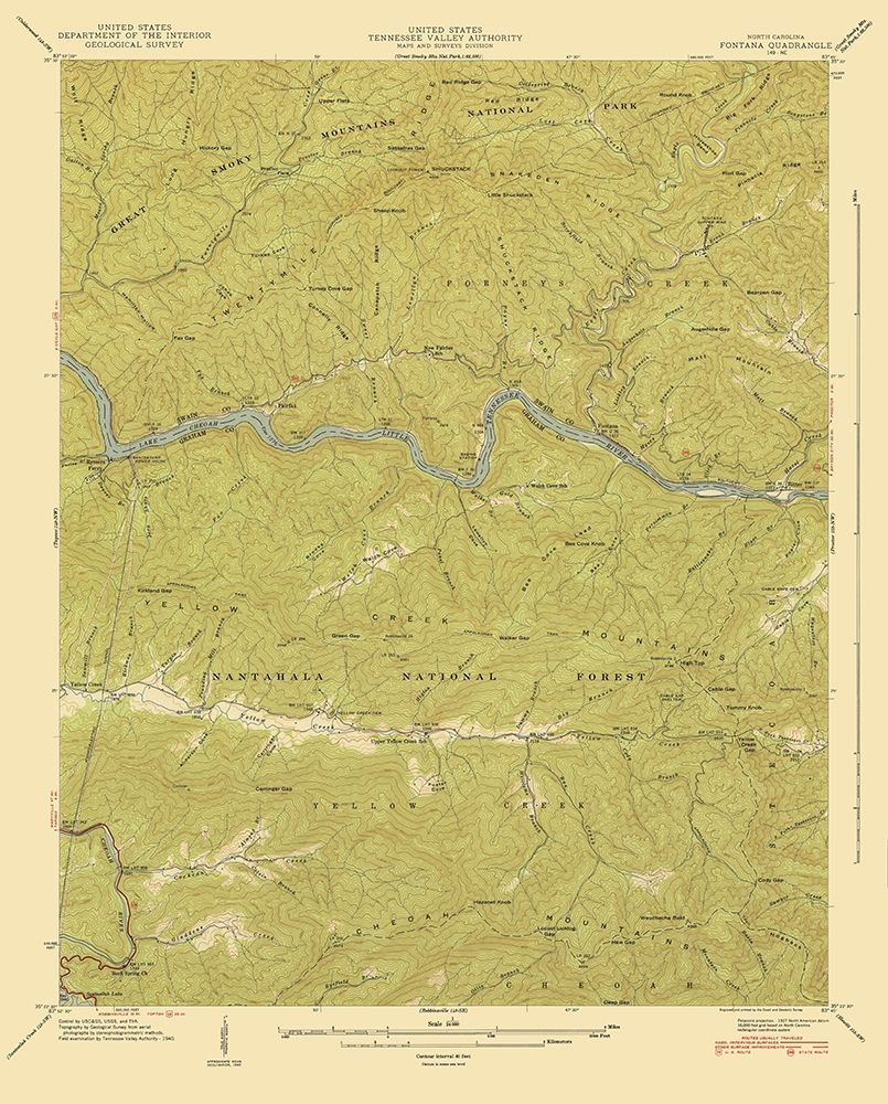 Fontana North Carolina Quad - USGS 1940 art print by USGS for $57.95 CAD