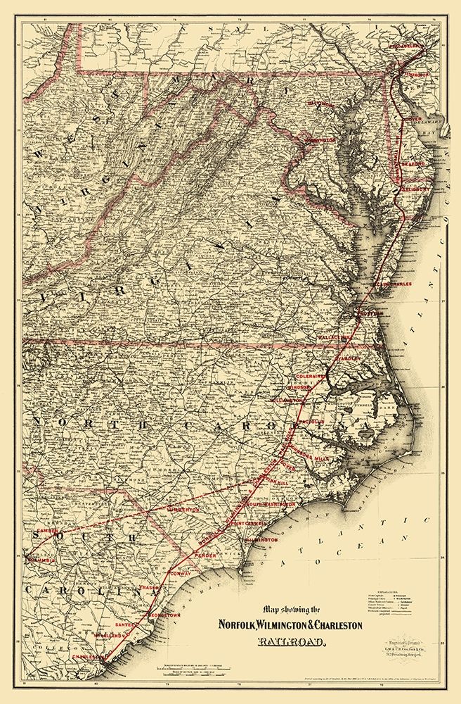 Norfolk, Wilmington and Charleston Railroad 1891 art print by Colton for $57.95 CAD