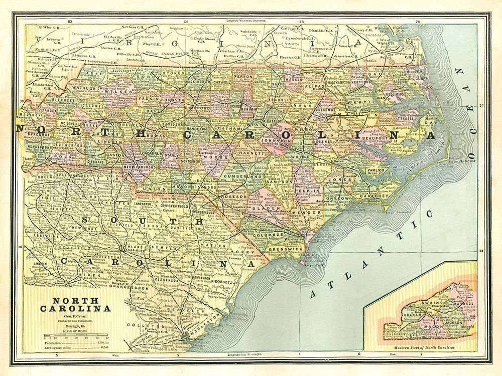 North Carolina - Cram 1886 art print by Cram for $57.95 CAD