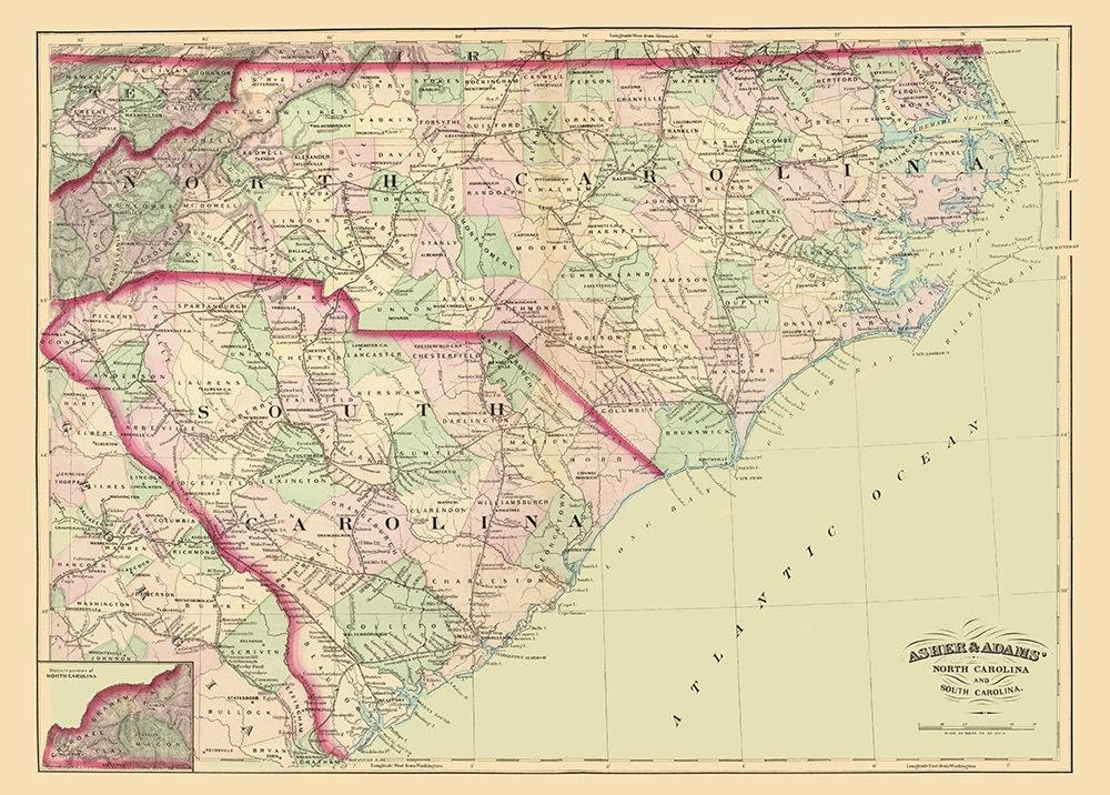 North Carolina, South Carolina - Asher 1872 art print by Asher for $57.95 CAD