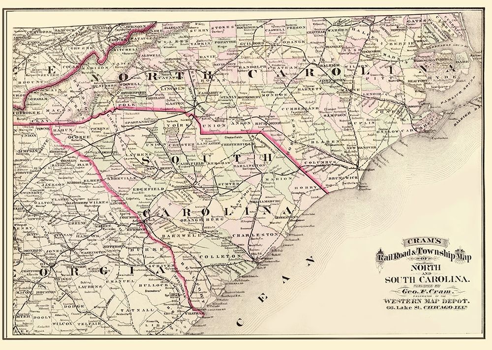 North Carolina, South Carolina - Cram 1875 art print by Cram for $57.95 CAD