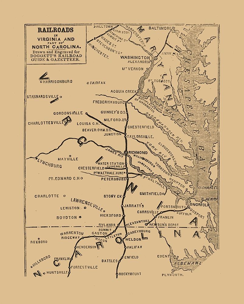 Virginia North Carolina Railroads - Doggett 1848 art print by Doggett for $57.95 CAD