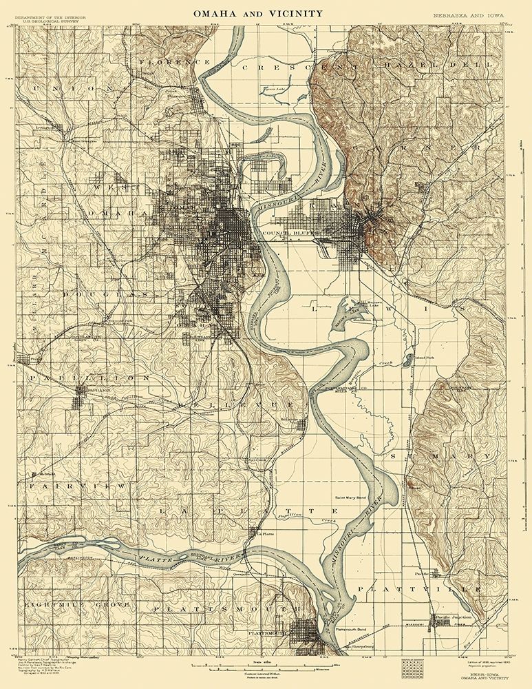 Omaha Vicinity Nebraska Iowa Quad - USGS 1898 art print by USGS for $57.95 CAD