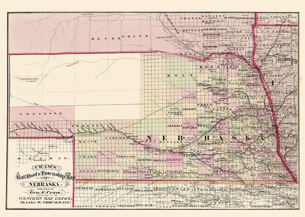 Nebraska Railroad and Townships - Cram 1875 art print by Cram for $57.95 CAD