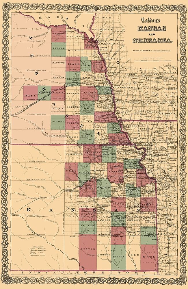 Nebraska, Kansas - Colton 1875 art print by Colton for $57.95 CAD