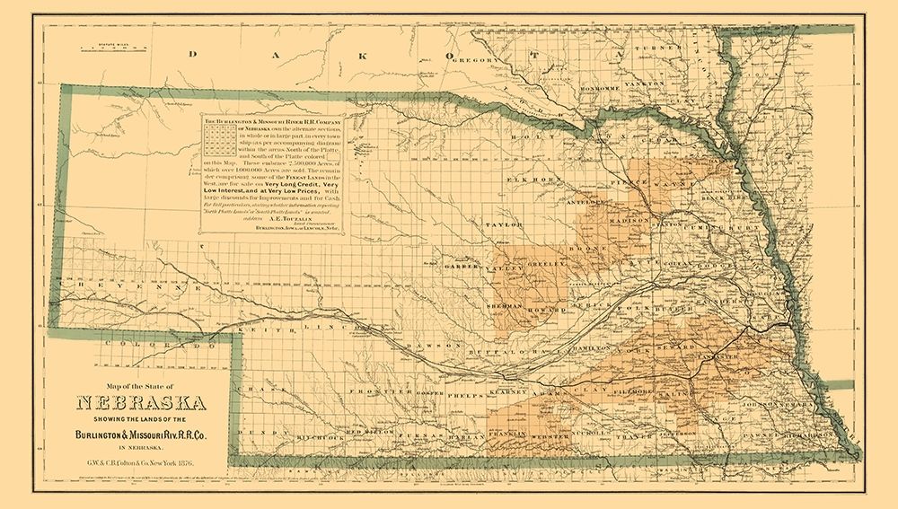 Burlington and Missouri River Railroad  1876 art print by Colton for $57.95 CAD