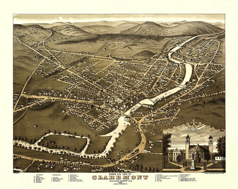 Claremont New Hampshire - Shober 1877 art print by Shober for $57.95 CAD