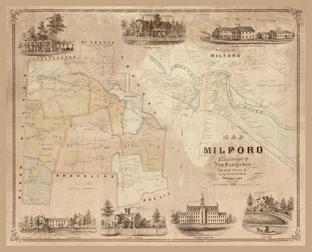 Milford New Hampshire - Clark 1854 art print by Clark for $57.95 CAD