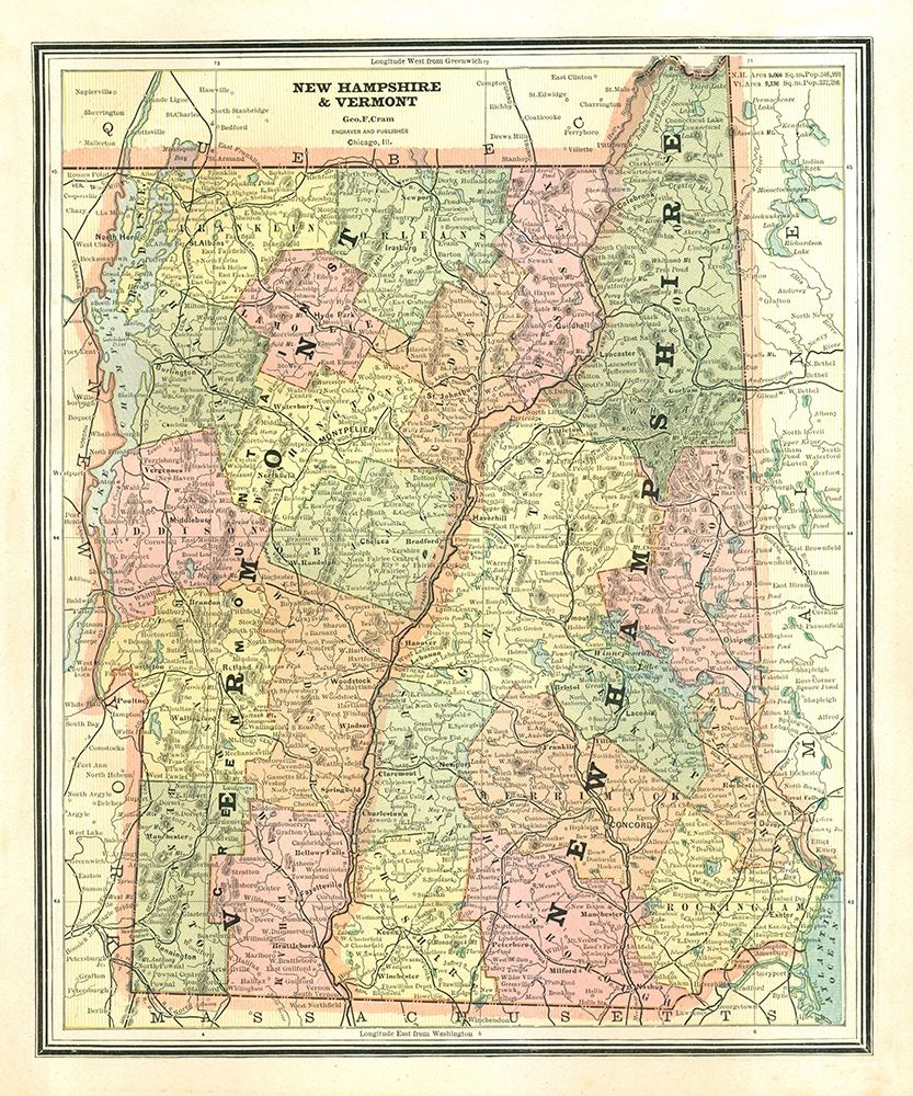 New Hampshire, Vermont - Cram 1886 art print by Cram for $57.95 CAD