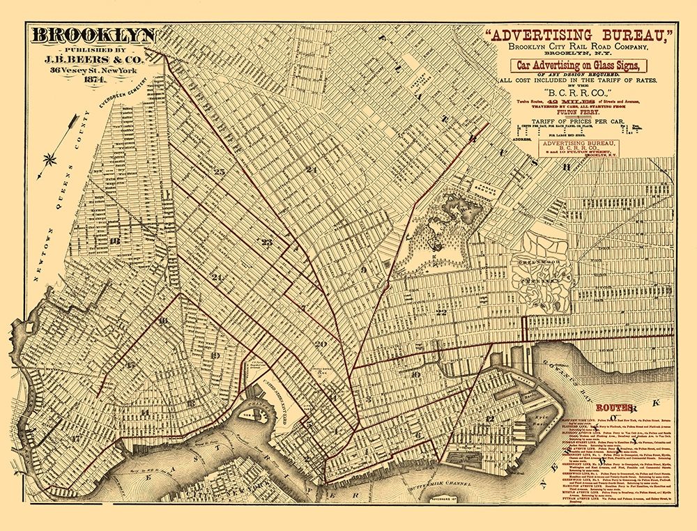 Brooklyn City Railroad Co - Beers 1874 art print by Beers for $57.95 CAD