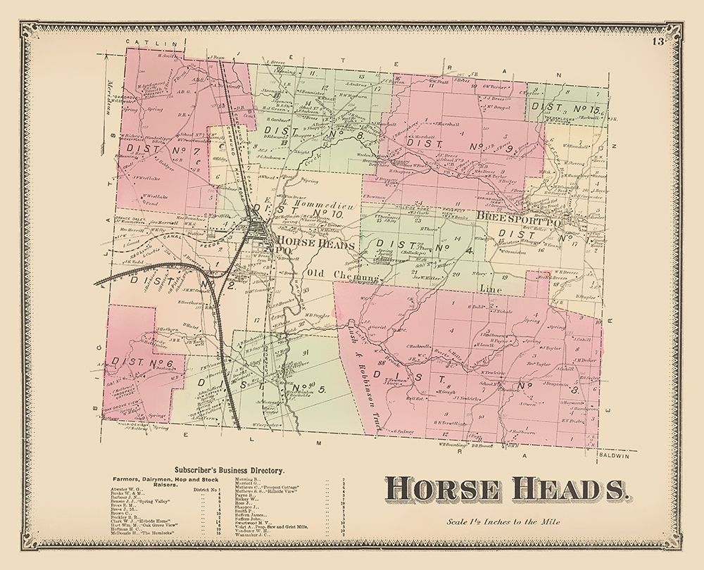 Horse Heads New York Landowner - Beers 1869 art print by Beers for $57.95 CAD