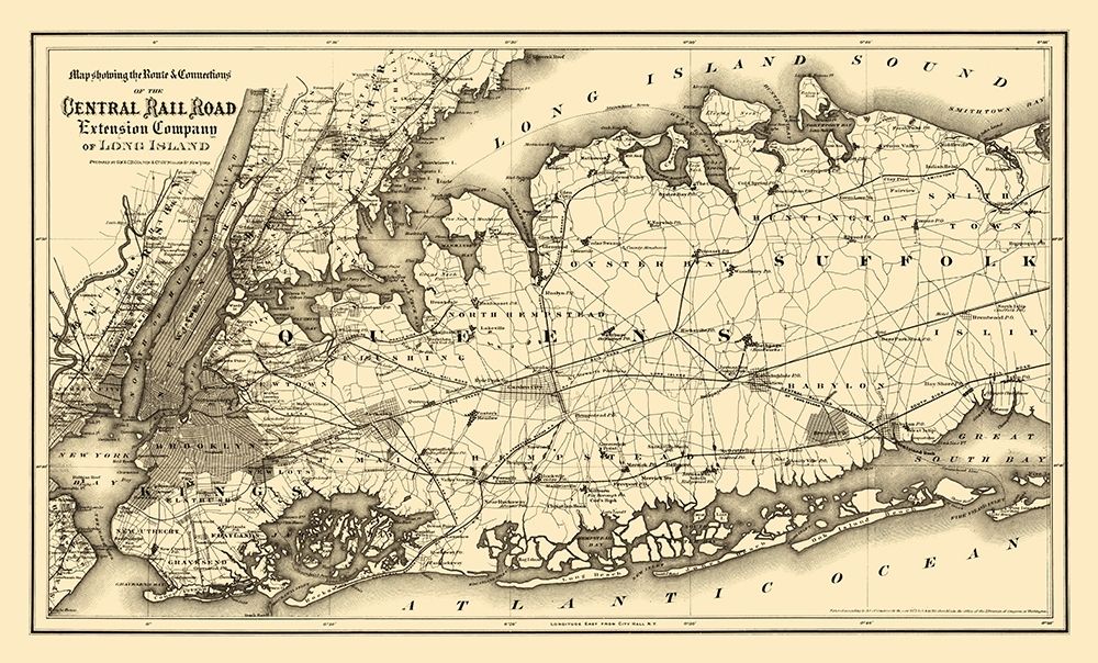 Central Railroad Extension of Long Island 1873 art print by Colton for $57.95 CAD