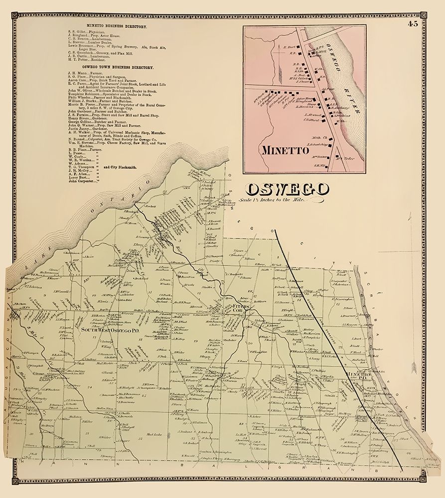 Oswego, Minetto New York Landowner - Stone 1866 art print by Stone for $57.95 CAD