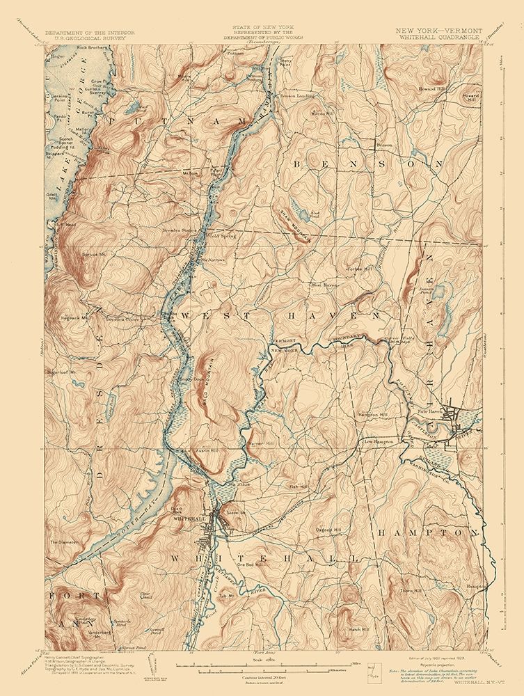 Whitehall New York Vermont Quad - USGS 1902 art print by USGS for $57.95 CAD