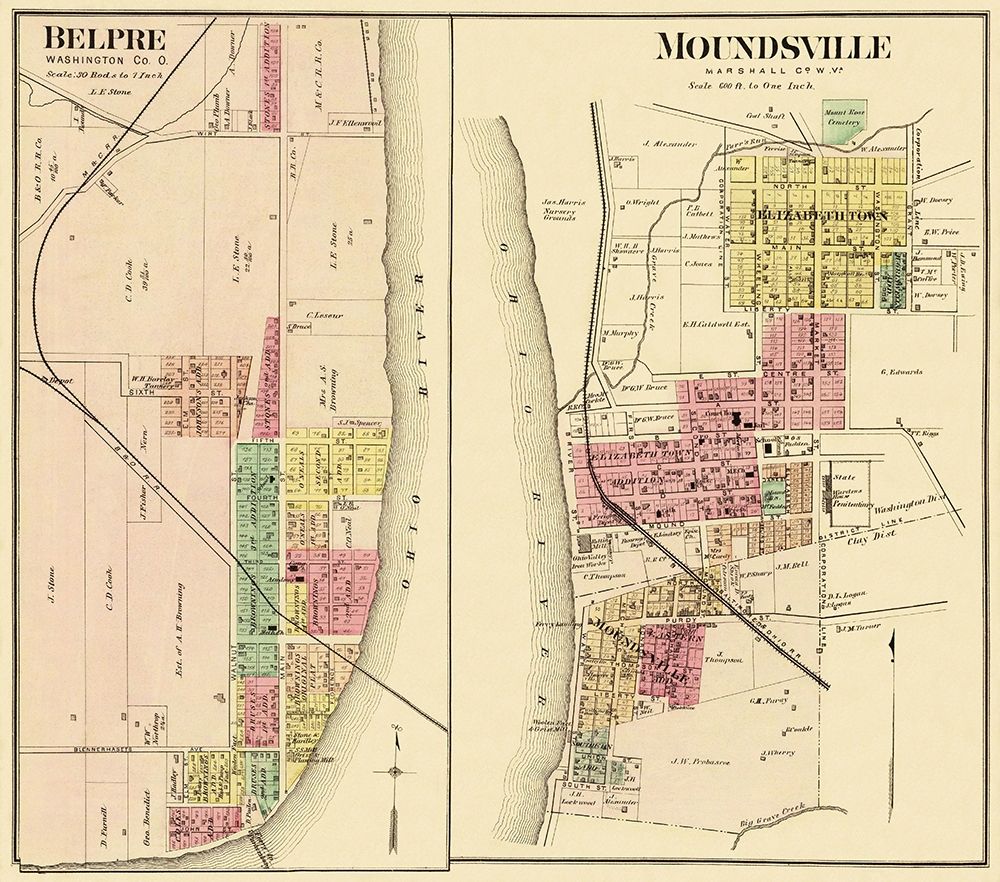 Belpre, Moundsville Ohio Landowner - Hayes 1877 art print by Hayes for $57.95 CAD