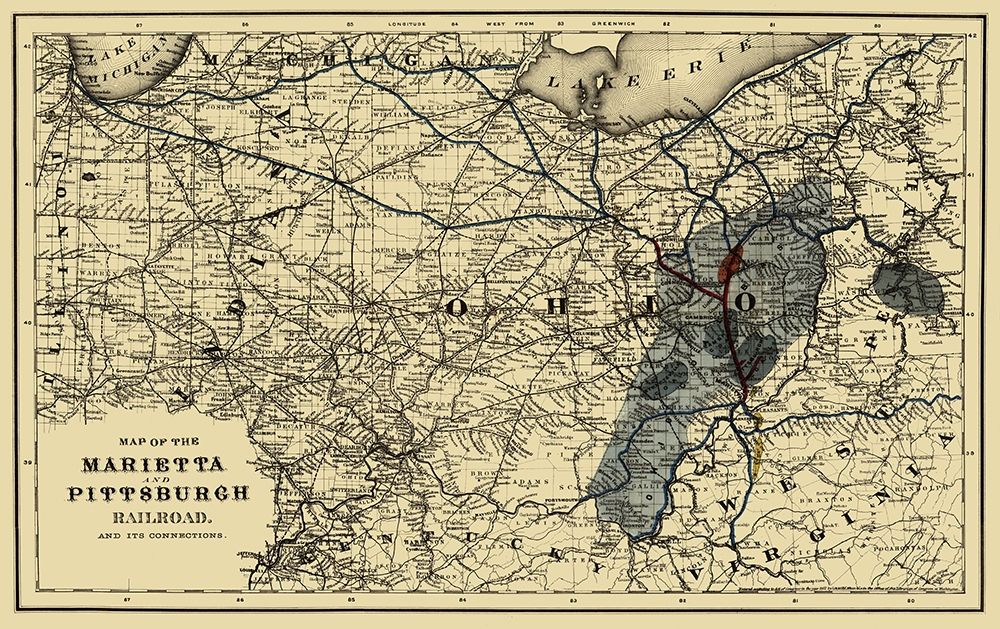 Marietta and Pittsburgh Railroad - Colton 1871 art print by Colton for $57.95 CAD