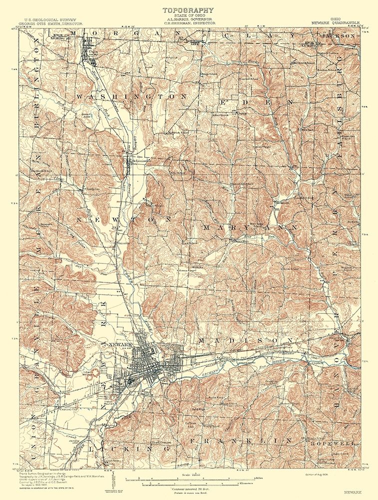 Newark Ohio Quad - USGS 1909 art print by USGS for $57.95 CAD