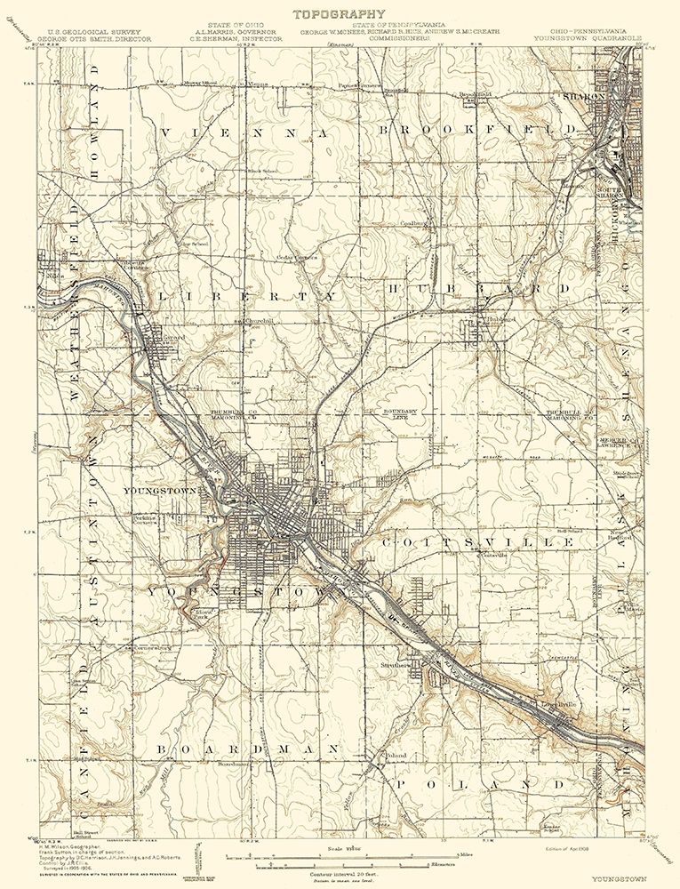 Youngstown Pennsylvania Ohio Quad - USGS 1908 art print by USGS for $57.95 CAD