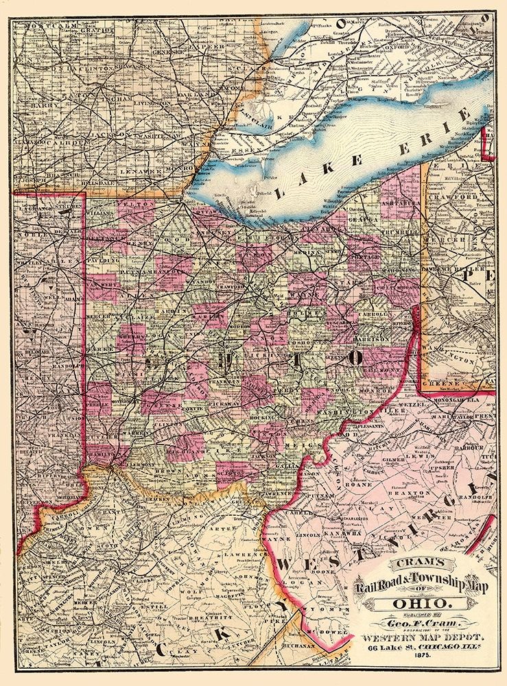 Ohio Railroads and Townships - Cram 1875 art print by Cram for $57.95 CAD