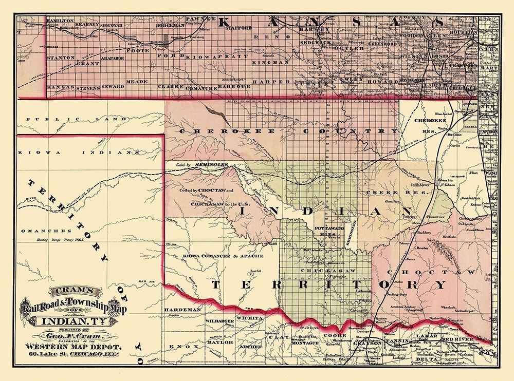 Oklahoma Indian Territory - Cram 1875 art print by Cram for $57.95 CAD