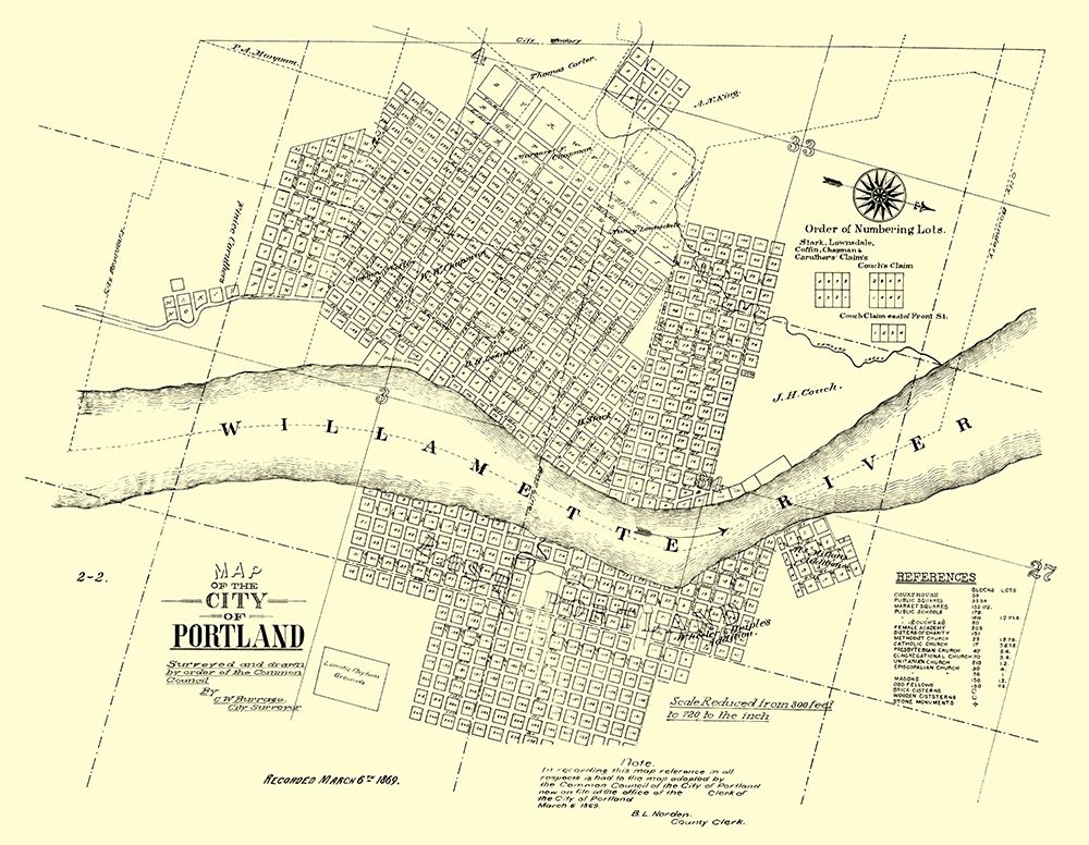 Portland Oregon Landowner - Burrage 1866 art print by Burrage for $57.95 CAD