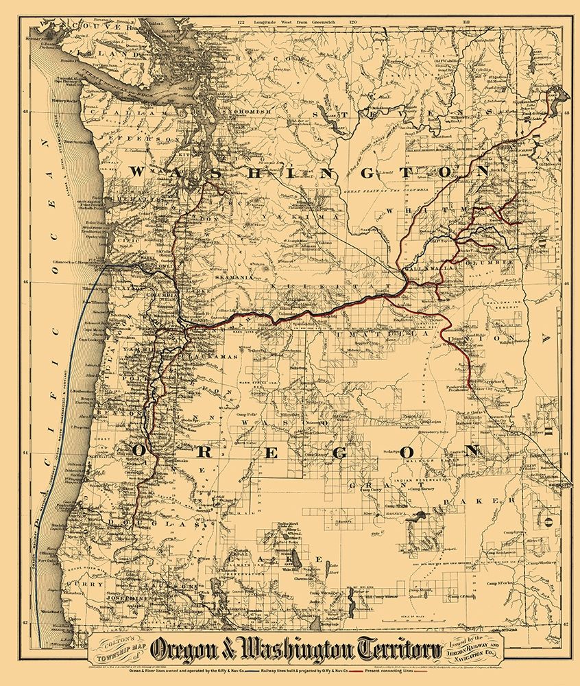 Oregon, Washington - Colton 1880 art print by Colton for $57.95 CAD