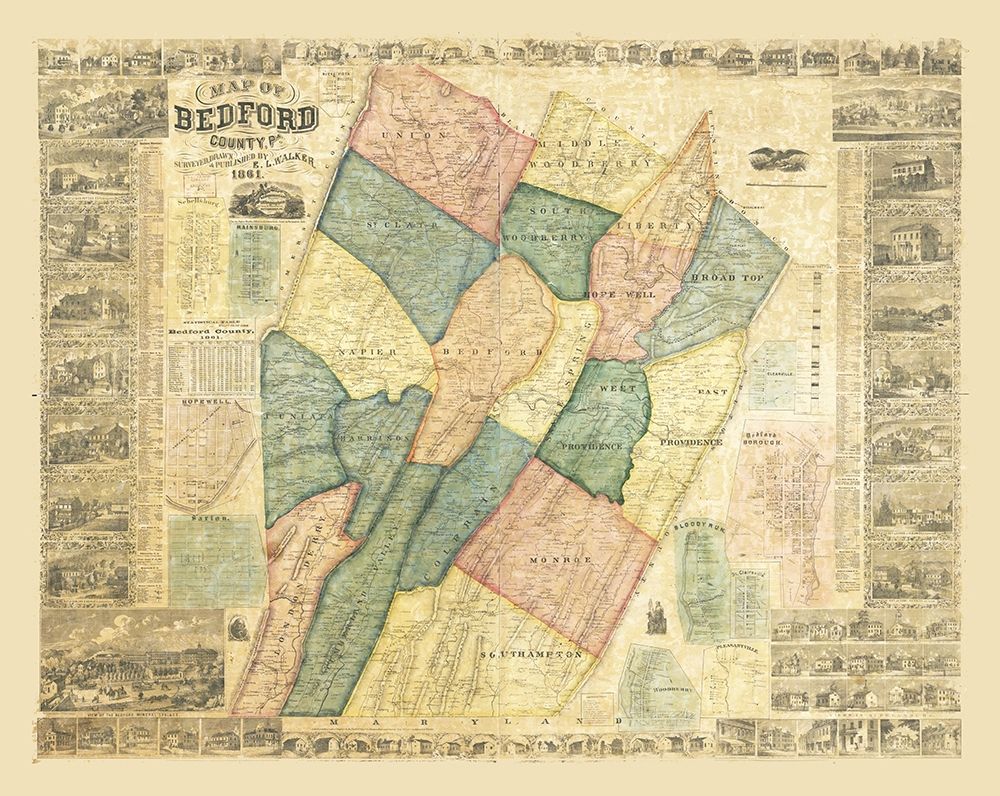 Bedford County Pennsylvania - Walker 1861 art print by Walker for $57.95 CAD