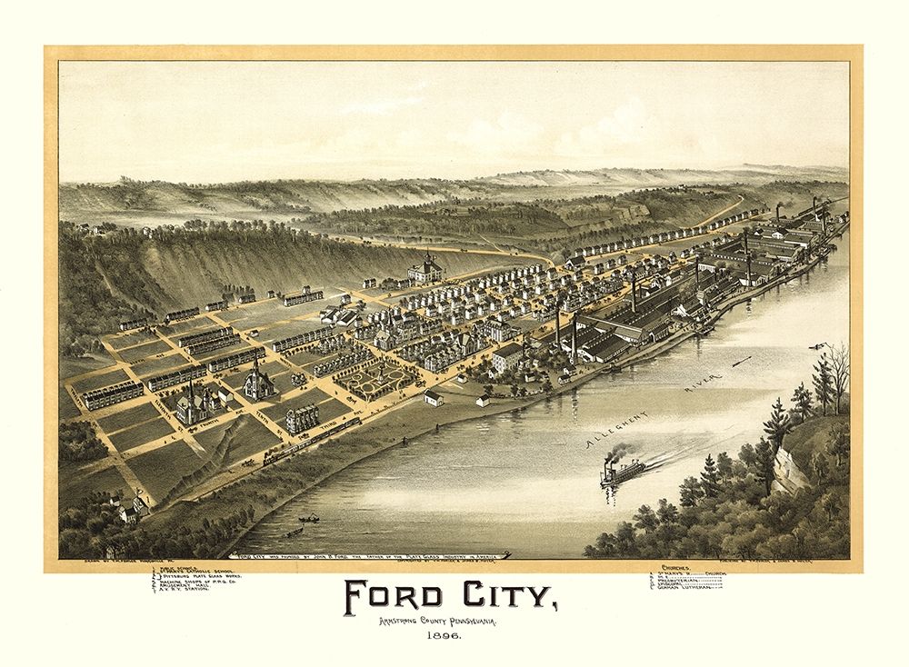Ford City Pennsylvania - Fowler 1896 art print by Fowler for $57.95 CAD