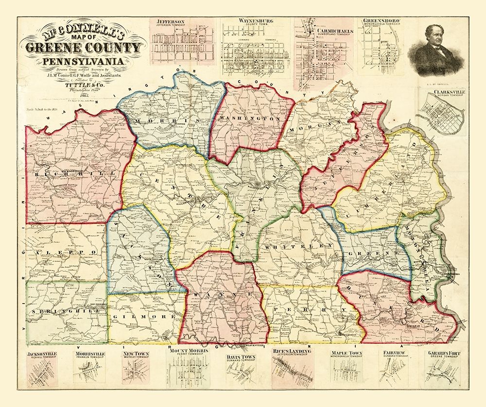 Greene County Pennsylvania - McConnell 1865 art print by McConnell for $57.95 CAD