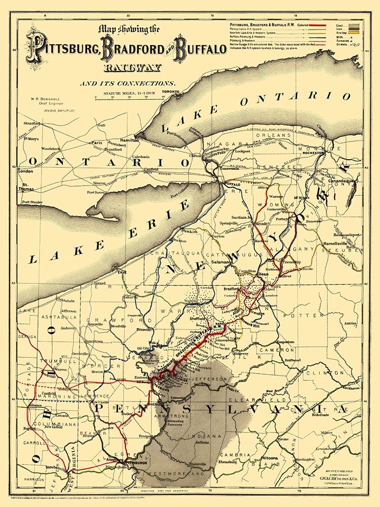 Pittsburg, Bradford and Buffalo Railway 1882 art print by Colton for $57.95 CAD