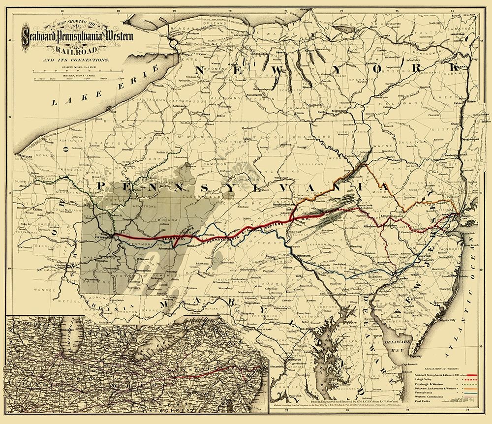 Seaboard, Pennsylvania and Western Railroad  1884 art print by Colton for $57.95 CAD