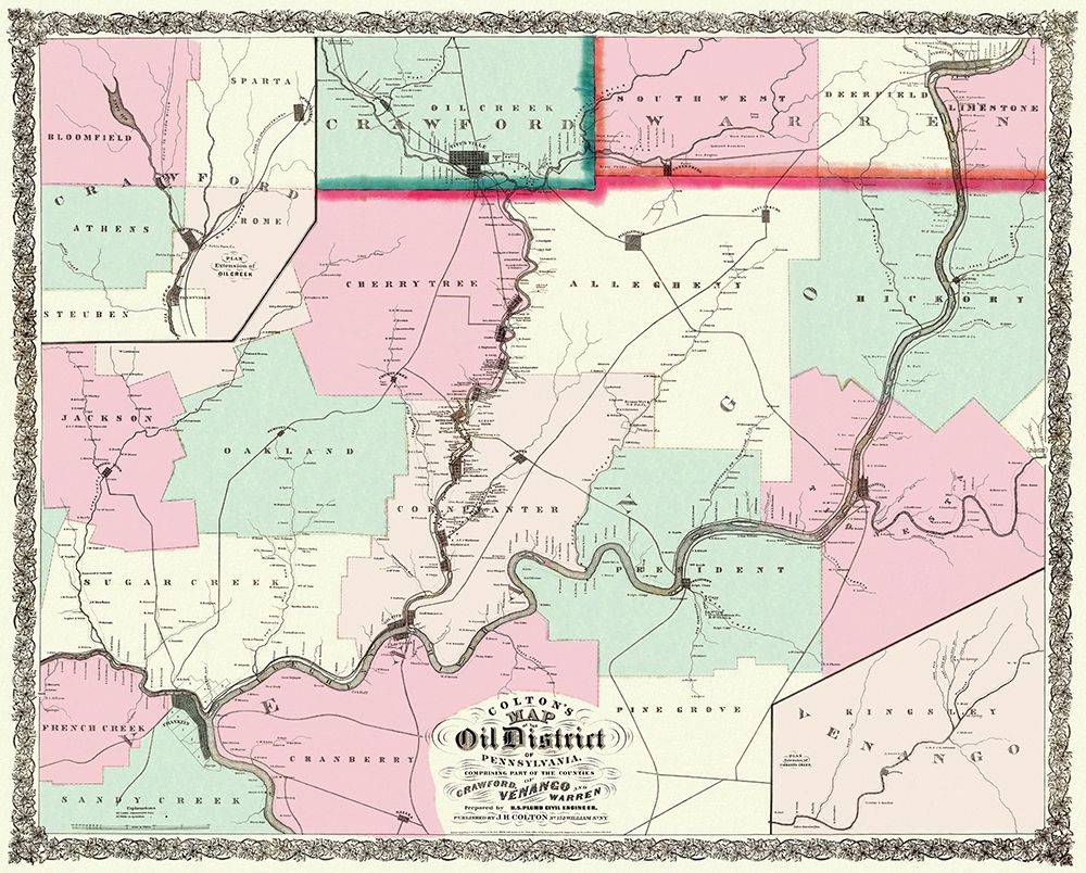 Oil District In Pennsylvania with Landowners 1865 art print by Colton for $57.95 CAD