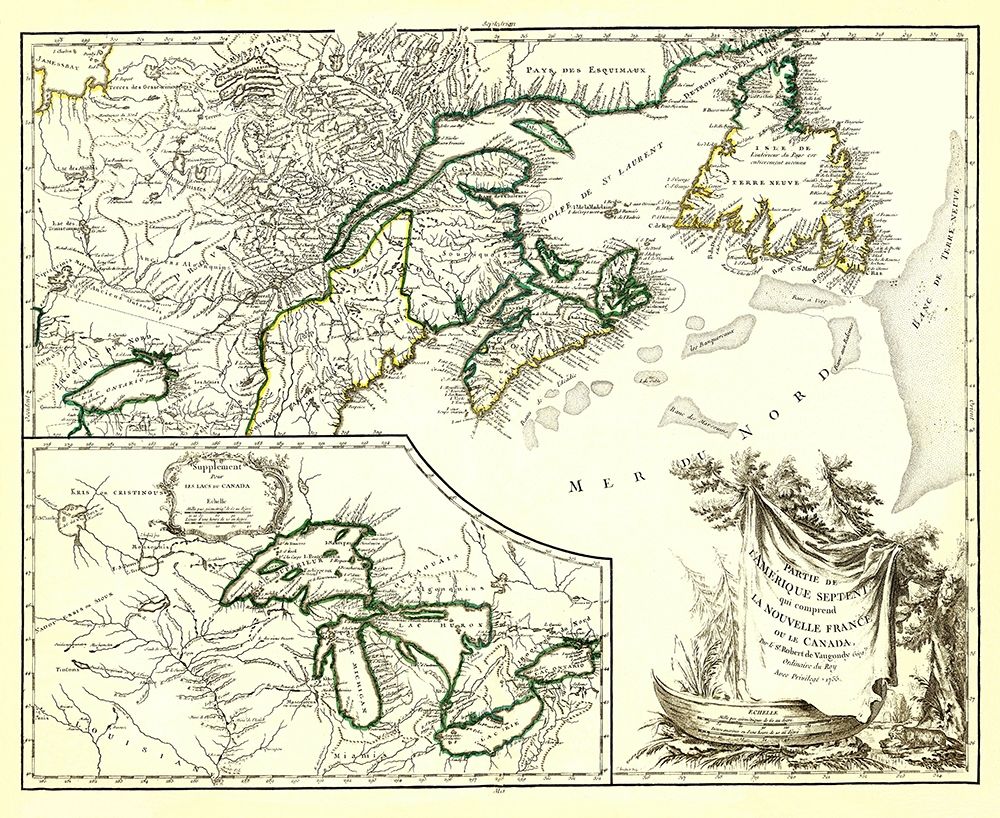 New France Canada - Vaugondy 1755 art print by Vaugondy for $57.95 CAD